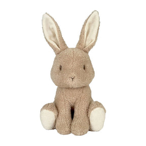 Plush brown rabbit toy with pointy ears on a white background
