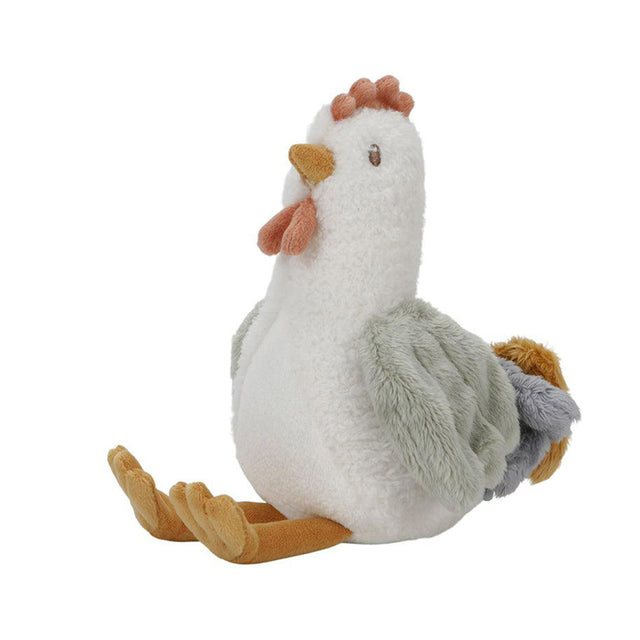 Little Dutch Cuddle Chicken soft toy with a white body, orange comb and wattle, yellow beak and feet, and sage green wings,