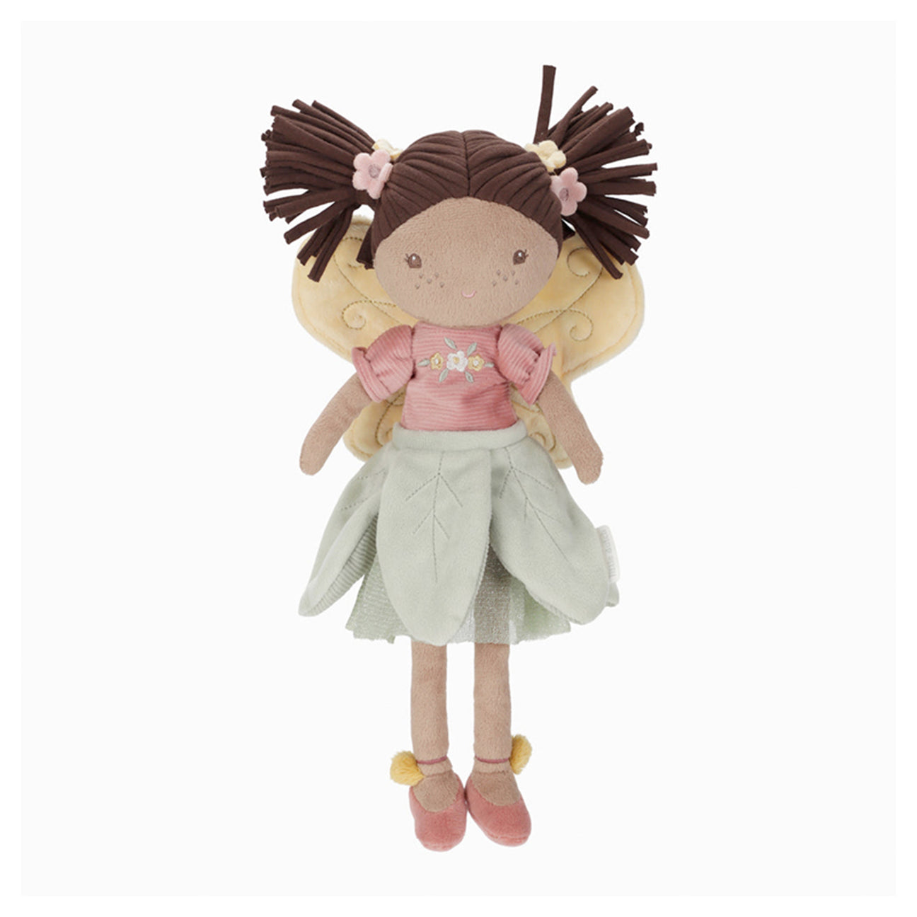 Plush fairy doll with brown hair, pink shirt, and green skirt on a white background