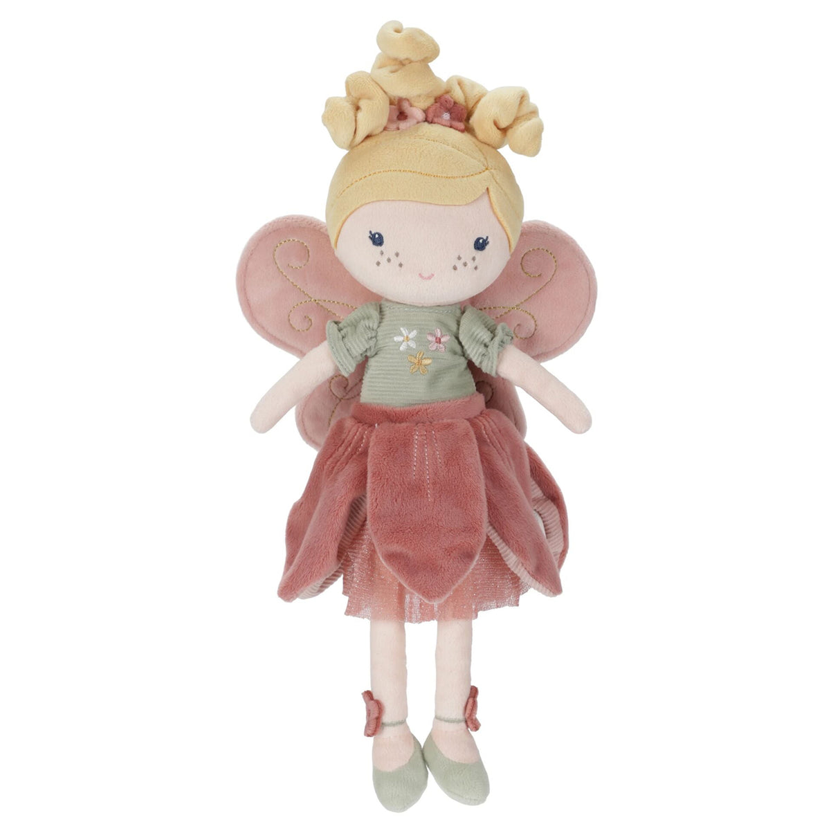 Little Dutch Fairy Mila soft plush fairy doll with pink wings and floral outfit, front view on white background