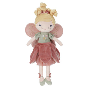 Little Dutch Fairy Mila soft plush fairy doll with pink wings and floral outfit, front view on white background