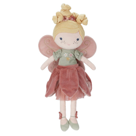 Little Dutch Fairy Mila soft plush fairy doll with pink wings and floral outfit, front view on white background