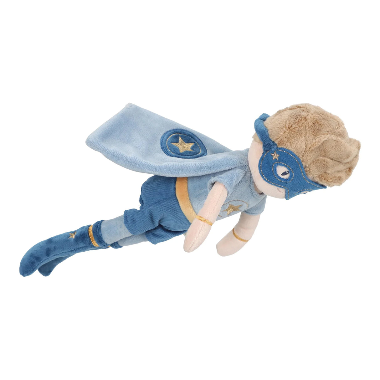 Soft toy superhero with blue cape and mask flying on a white background