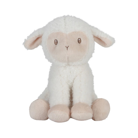 White plush lamb toy with pink accents on a white background