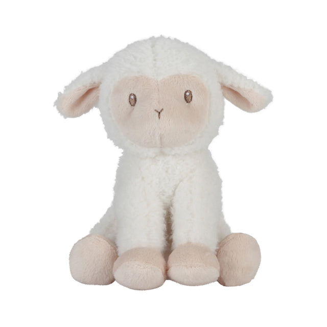 White plush lamb toy with pink accents on a white background