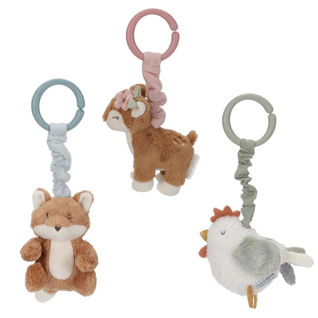 Set of three plush animal toys with hooks, fox, deer and chicken on a white background