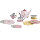 Children's tea set with pink teapot, cups, and saucers on a white background