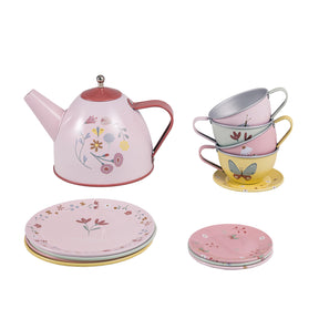 Children's tea set with pink teapot, cups, and saucers featuring floral and butterfly designs on a white background.