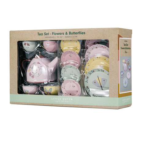 Tea set with floral and butterfly design in packaging, brand 'Little Dutch' visible