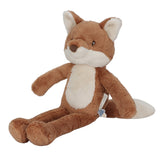 Little Dutch sitting soft fox toy with long legs, bronze fur, a cream belly and ears and a long tail on a white background