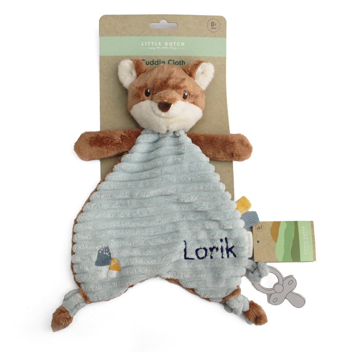 Plush fox toy with a blue blanket and dummy clip personalised with name in blue