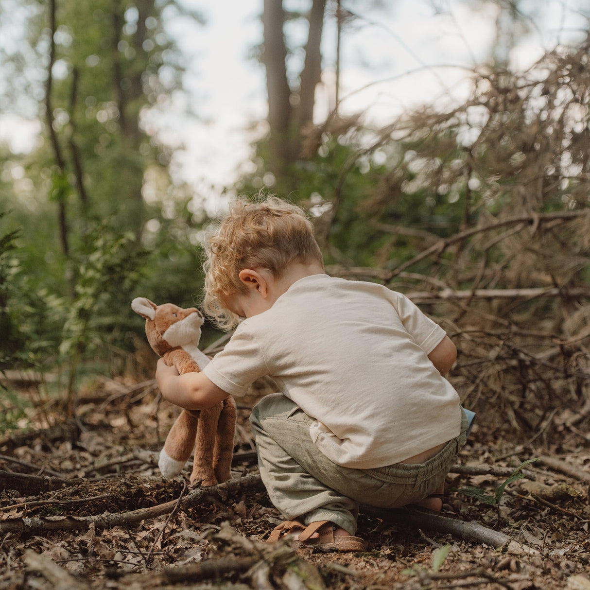 Boy playing with a plush fox toy in a forest setting