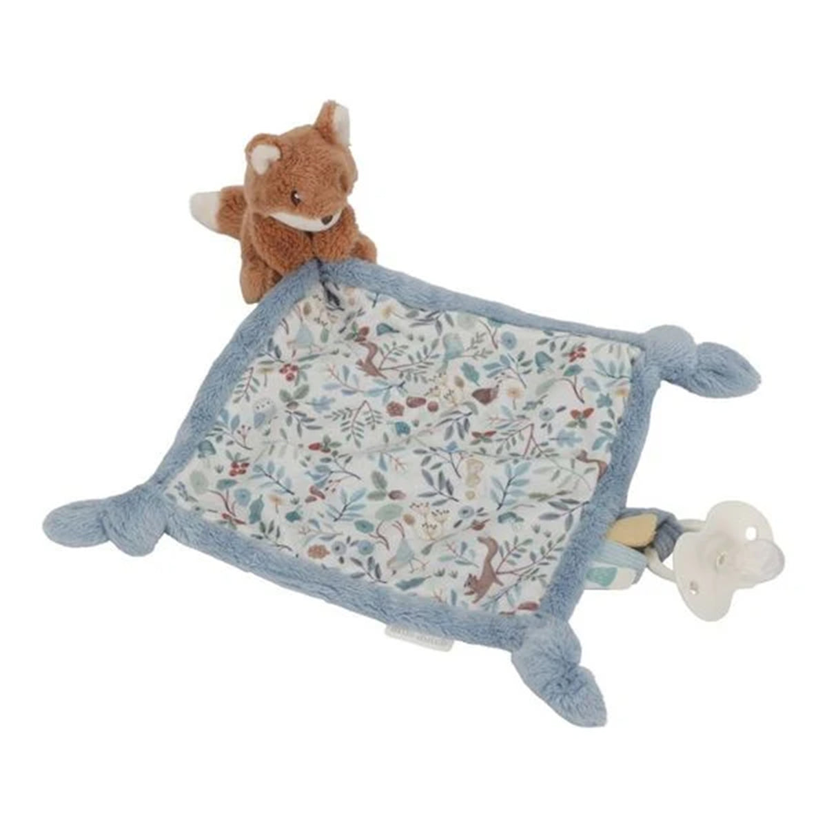 Floral leafy baby soother blanket with a fox toy on a white background