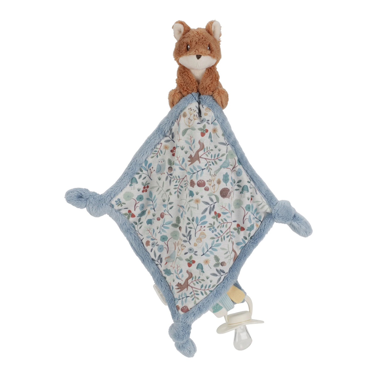 Plush fox toy with a soft animal leafy print soother blanket on a white background