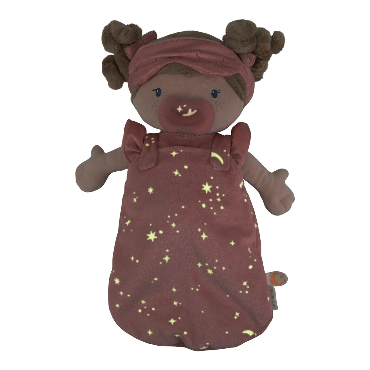 Soft doll toy with brown hair, pink sleeping mask, and glow in the dark star-patterned sleeping bag