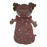 Soft doll toy with brown hair, pink sleeping mask, and glow in the dark star-patterned sleeping bag