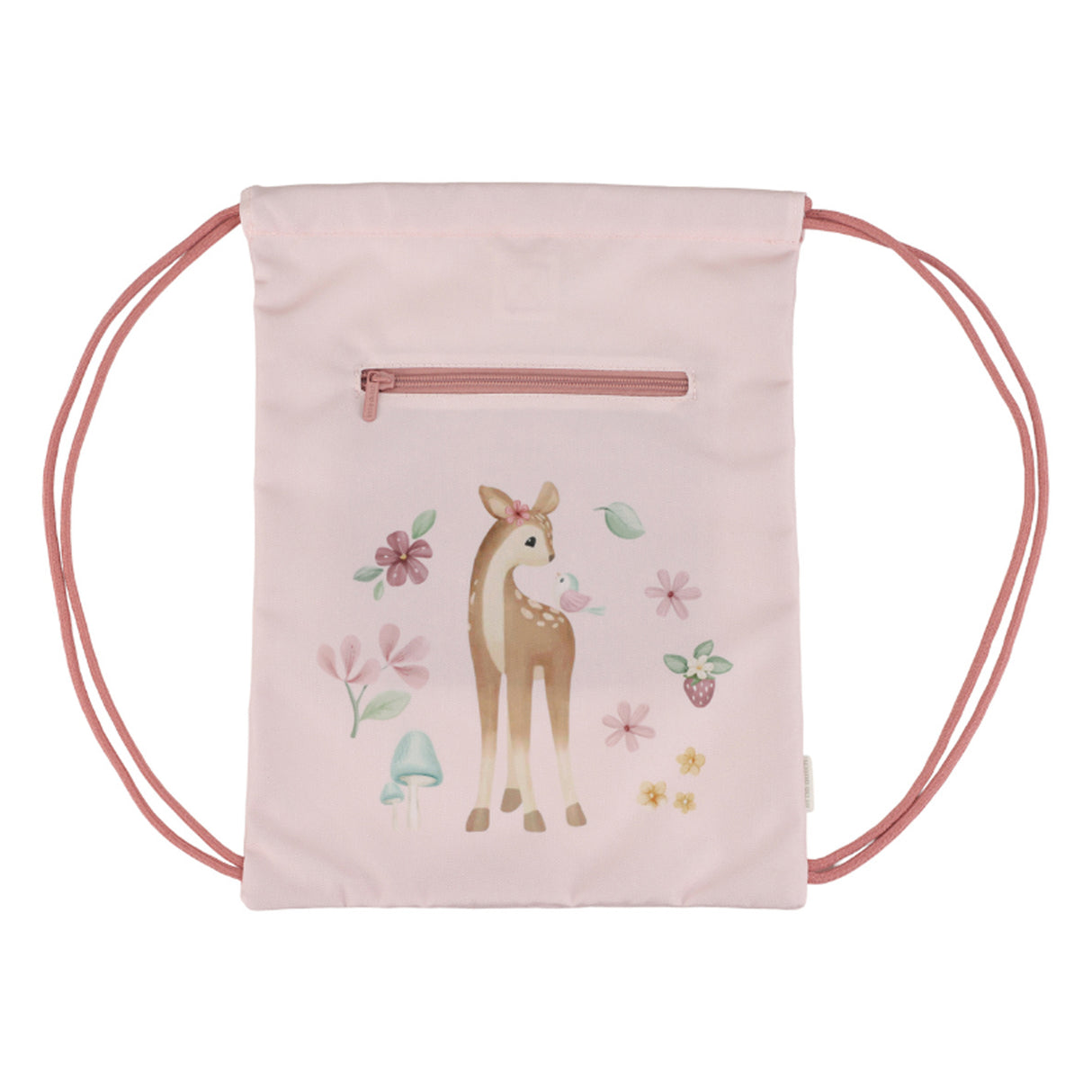 Pink drawstring bag with a deer illustration on a white background