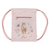 Pink drawstring bag with a deer illustration on a white background