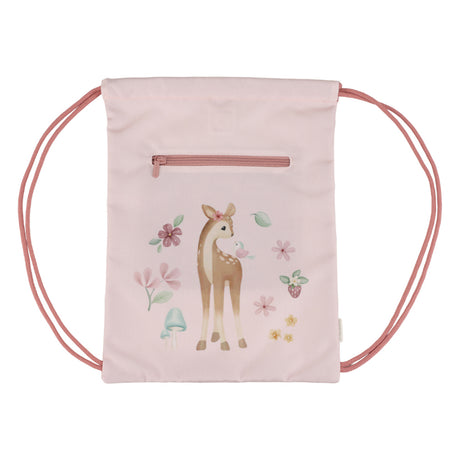 Pink drawstring bag with a deer illustration on a white background