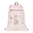 Drawstring gym bag with a deer design on a pink background