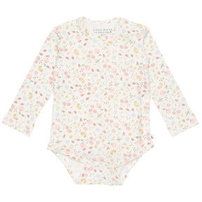 Little Dutch long-sleeve baby bodysuit with floral print in soft pink and white, organic cotton