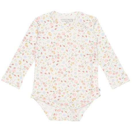 Little Dutch long-sleeve baby bodysuit with floral print in soft pink and white, organic cotton