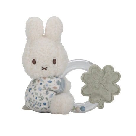 Soft Miffy toy with Little Dutch Lucky print clothing holding a ring rattle with tiny beads and a soft leaf 