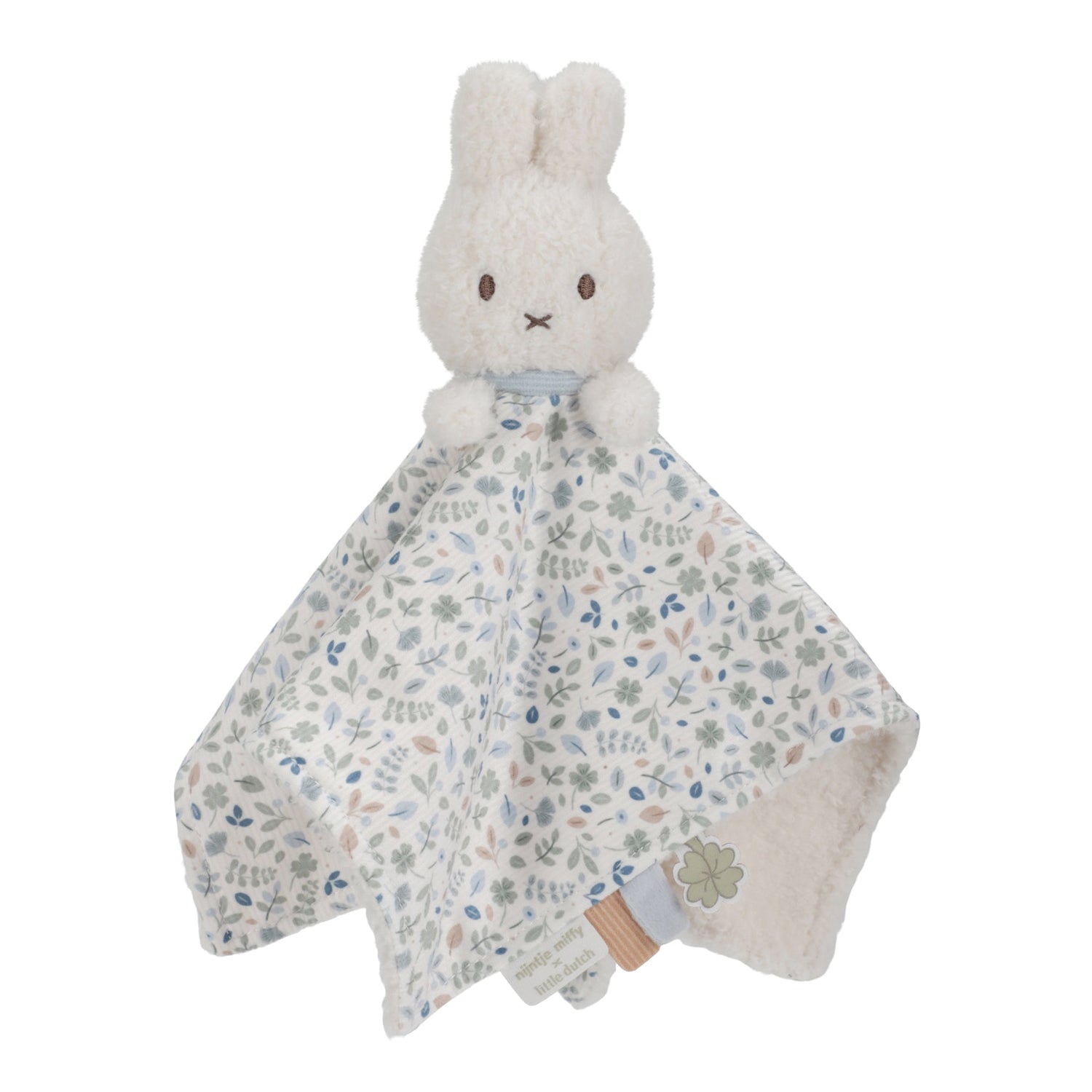 Plush Miffy bunny toy with a floral cloth blanket 