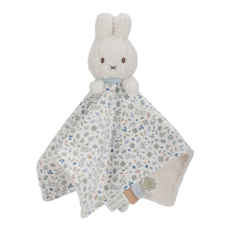 Plush Miffy bunny toy with a floral cloth blanket 