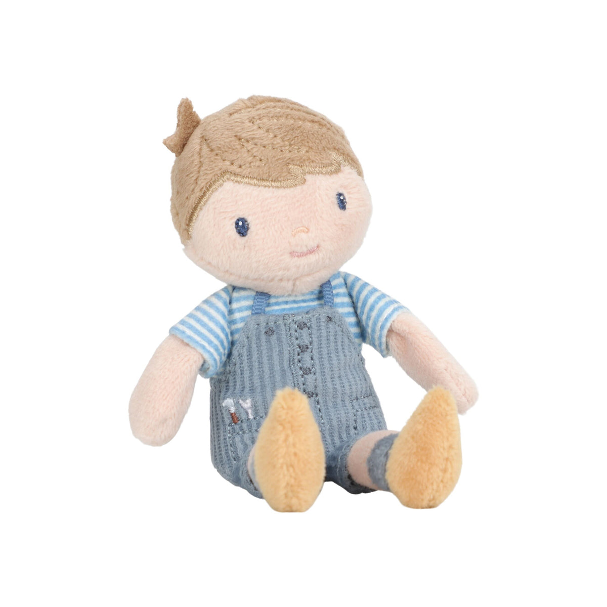 Little Dutch Mini Doll Jim sitting on white background showing stitched face, blue overalls and striped t-shirt detail