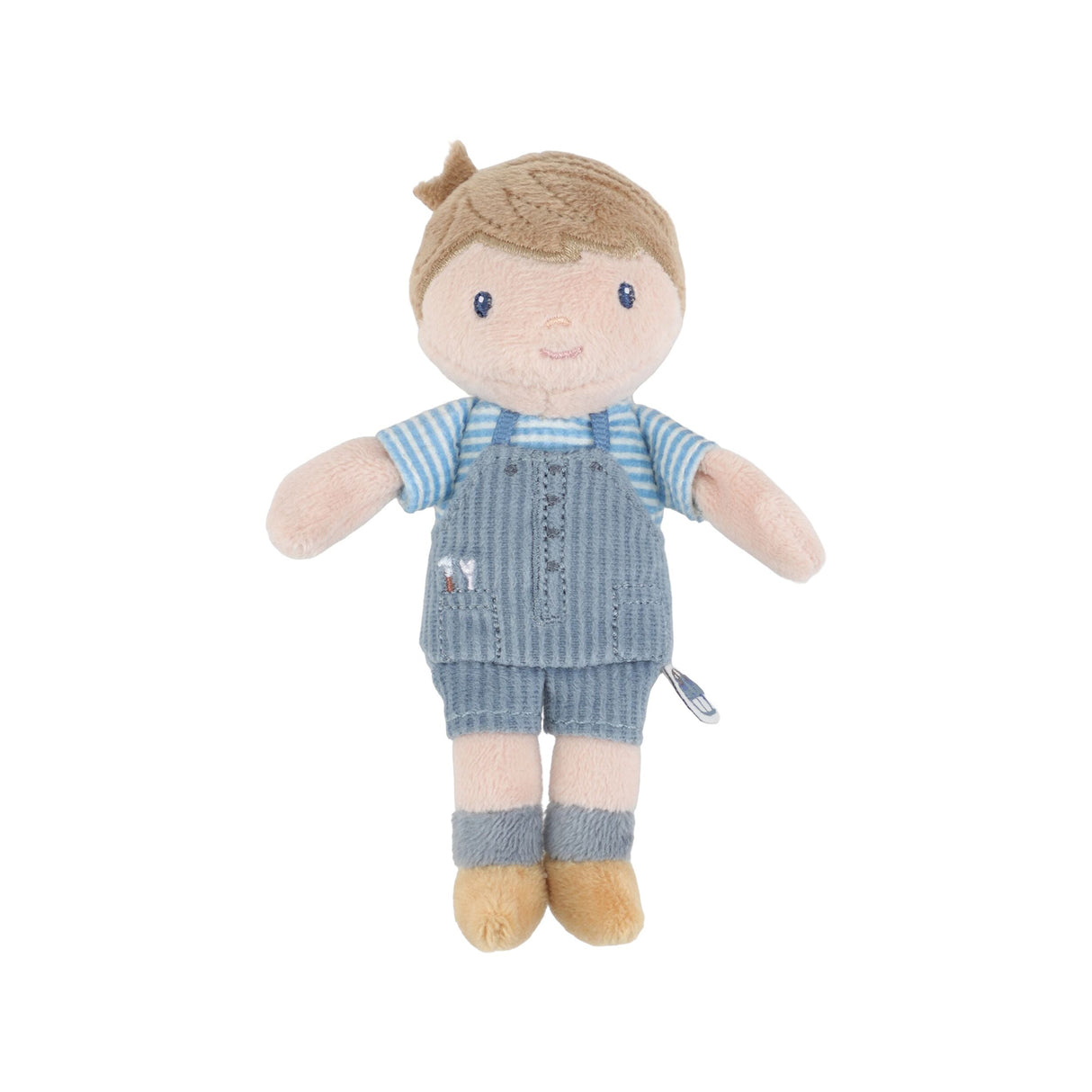  Little Dutch Mini Doll Jim standing on white background, wearing blue striped t-shirt and blue denim overalls with embroidered tools