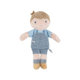  Little Dutch Mini Doll Jim standing on white background, wearing blue striped t-shirt and blue denim overalls with embroidered tools