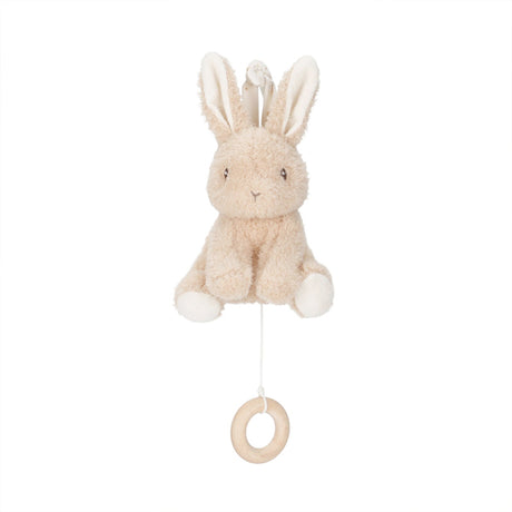 Little Dutch Plush bunny Musical pull toy with a wooden ring on a white background