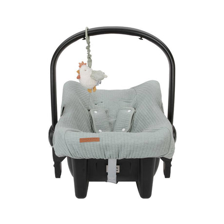 Baby car seat with a gray textured cover and a hanging Chickecn toy on a white background