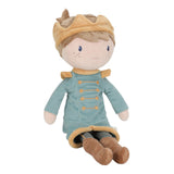 Little Dutch Prince Jim Doll seated - soft boy doll with crown, teal prince coat, grey trousers and brown boots