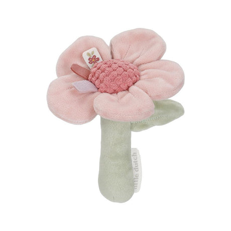 Little Dutch Floral-shaped baby rattle toy with pink petals and a green handle on a white background