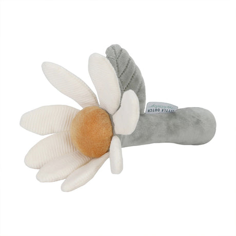 Plush flower baby ratttle toy with white petals,orange center, and sage green stem on a white background
