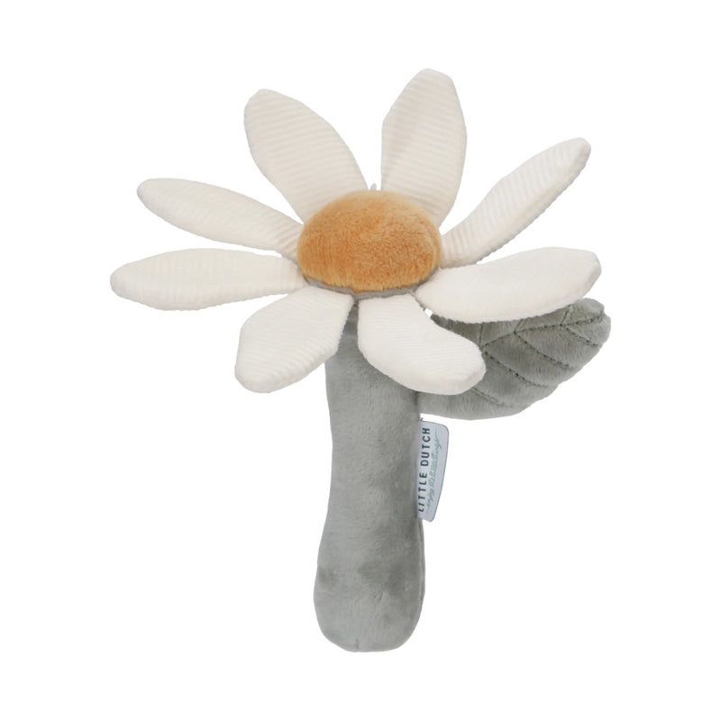 Little dutch Flower-shaped rattle toy with a sage green handle on a white background