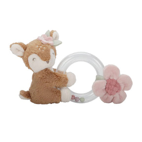 Plush deer toy with a teething ring and pink flower on a white background
