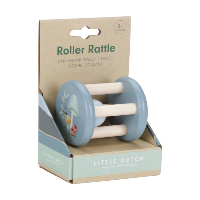 Blue Baby Roller rattle toy in Little Dutch brown packaging on a white background