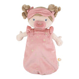 Soft doll  toy with pink outfit, sleeping mask and dummy on a white background