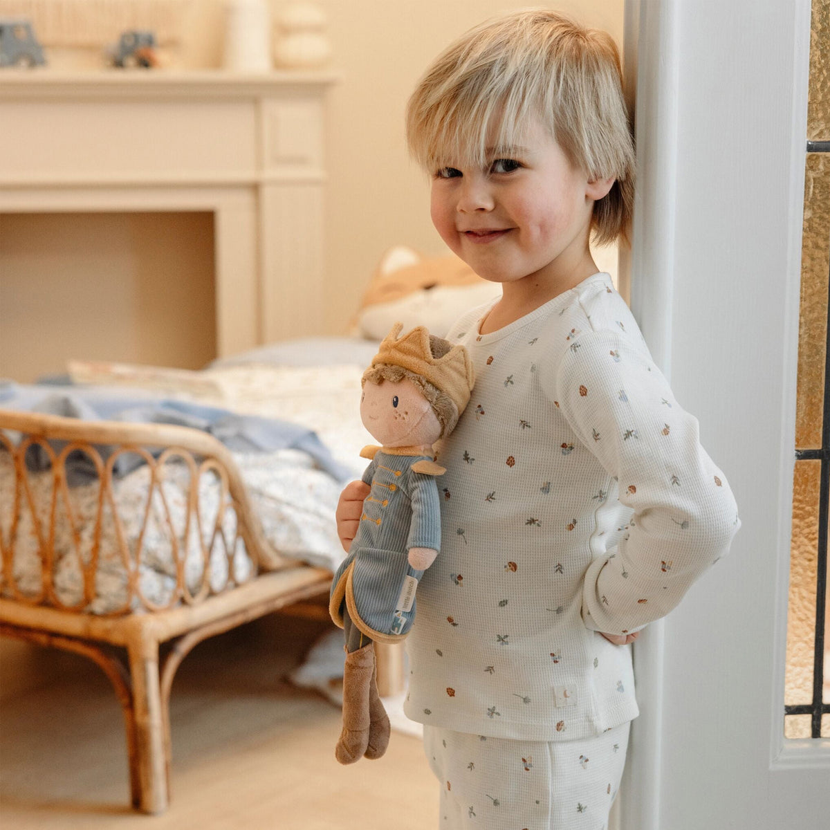 Little Dutch Prince Jim soft doll - boy cuddle doll with crown and teal ribbed jacket 