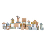 A collection of wooden building blocks in various shapes and sizes, decorated with ducks, birds and a frog. The blocks are in shades of blue, beige, and different colours. 