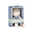 A plush cuddle boy doll, dressed in sweet blue dungarees in a illustrated box
