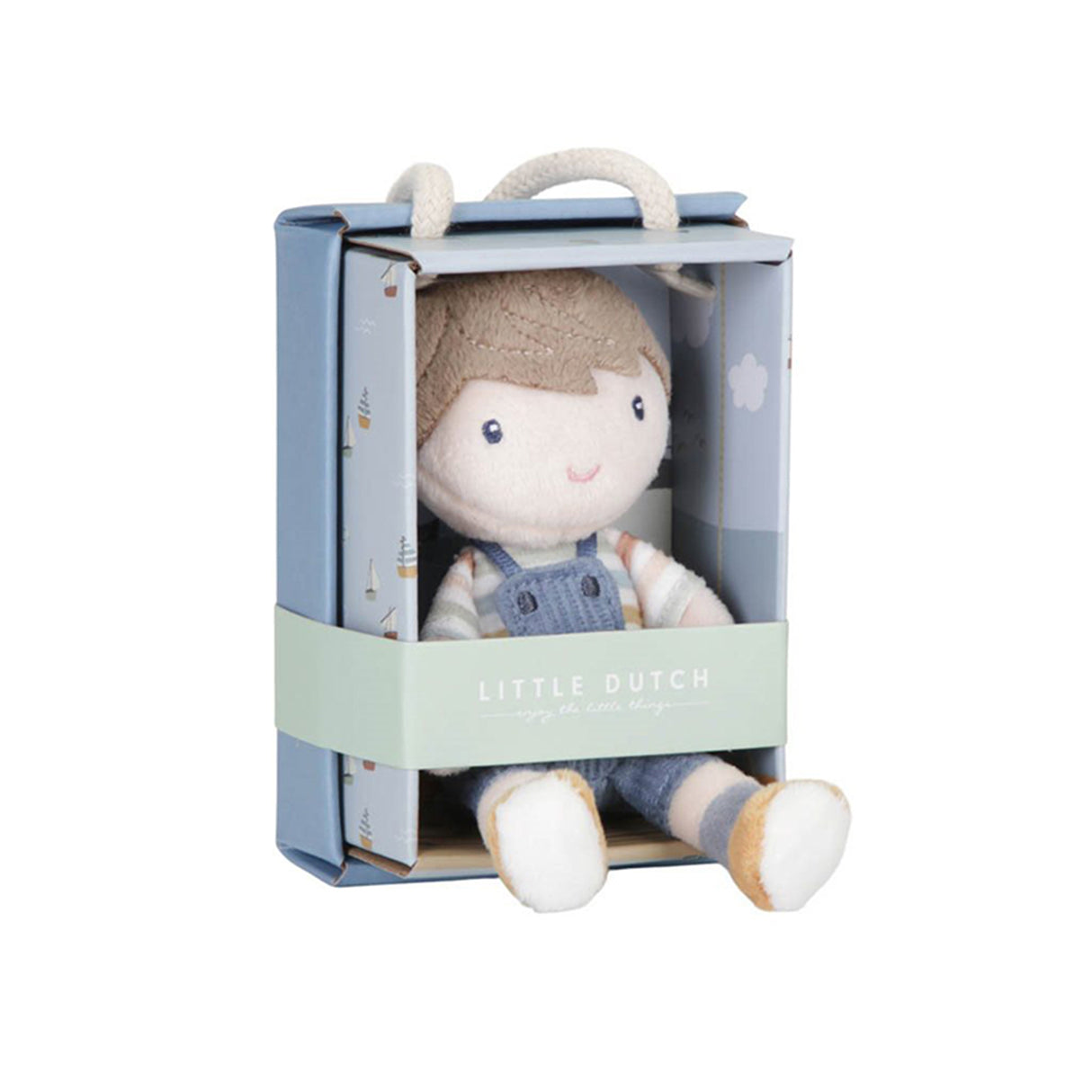 A plush cuddle boy doll, dressed in sweet blue dungarees in a illustrated box