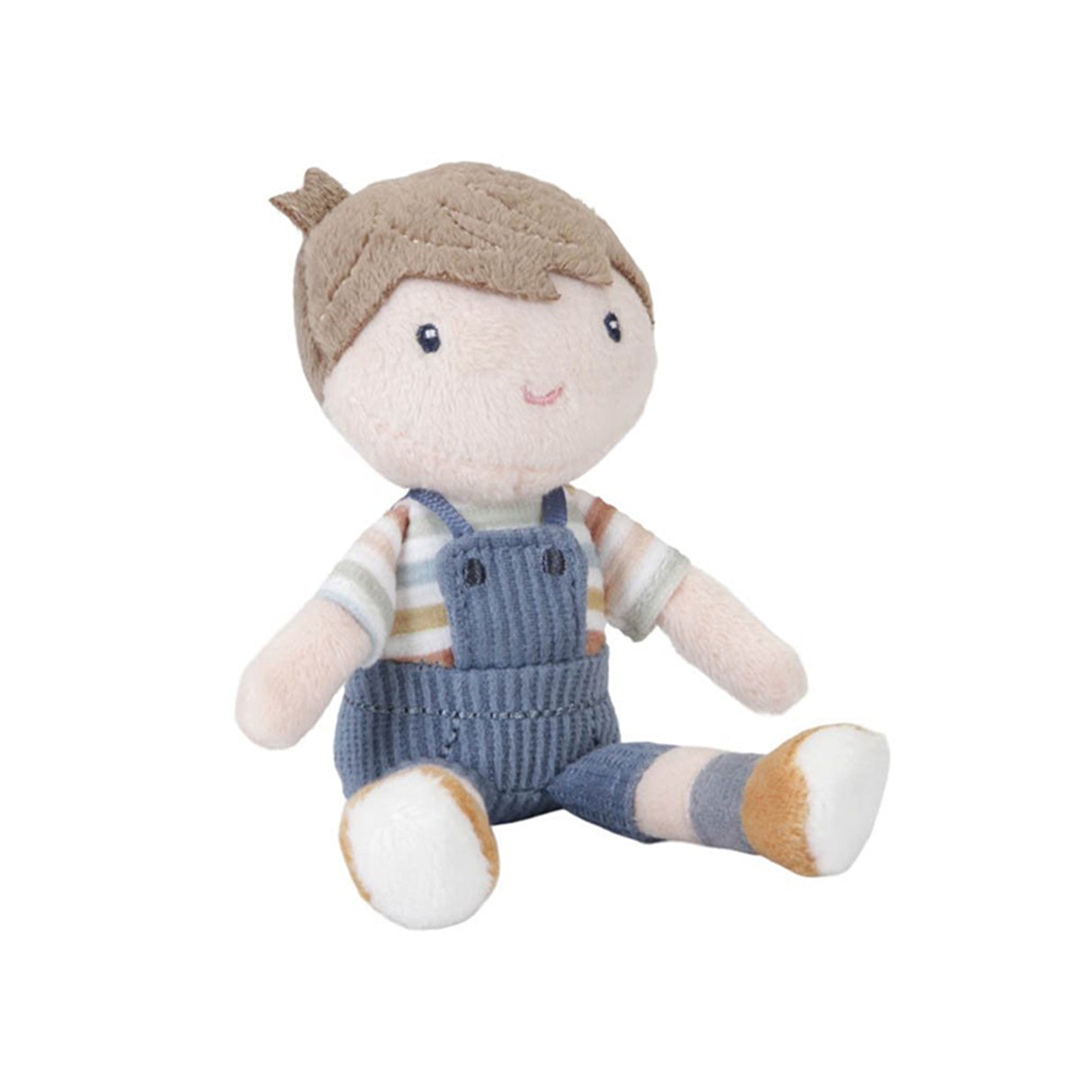 Stuffed toy boy rag doll with brown hair, striped shirt, and blue overalls on a white background