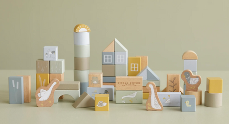 A collection of wooden building blocks in various shapes and sizes, decorated with ducks, birds and a frog. The blocks are in shades of blue, beige, and different colours. 
