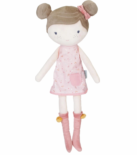 Little Dutch Cuddle Doll Rosa 35cm standing on white background showing full dress detail and pink socks with orange pom poms