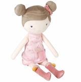 Little Dutch Cuddle Doll Rosa 35cm sitting on white background in sweet dress