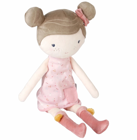 Little Dutch Cuddle Doll Rosa 35cm sitting on white background in sweet dress